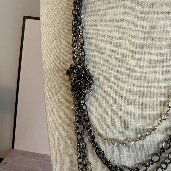 Chico’s Layered Knotted Chain Bezel Set Crystal Draped Statement Necklace - Picture 7 of 13